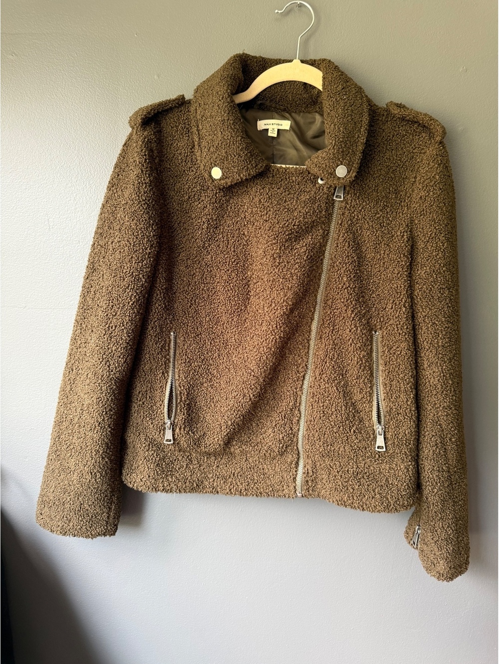 Max Studio Brown Teddy Faux Fur Zip-Up Jacket Medium